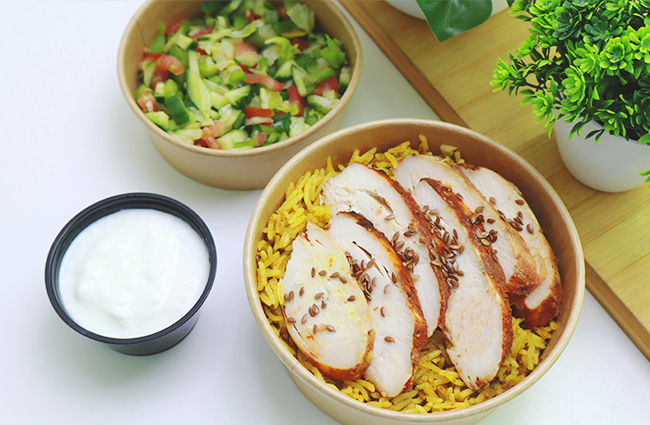 chicken rice-smashed cucumbers-container-paper